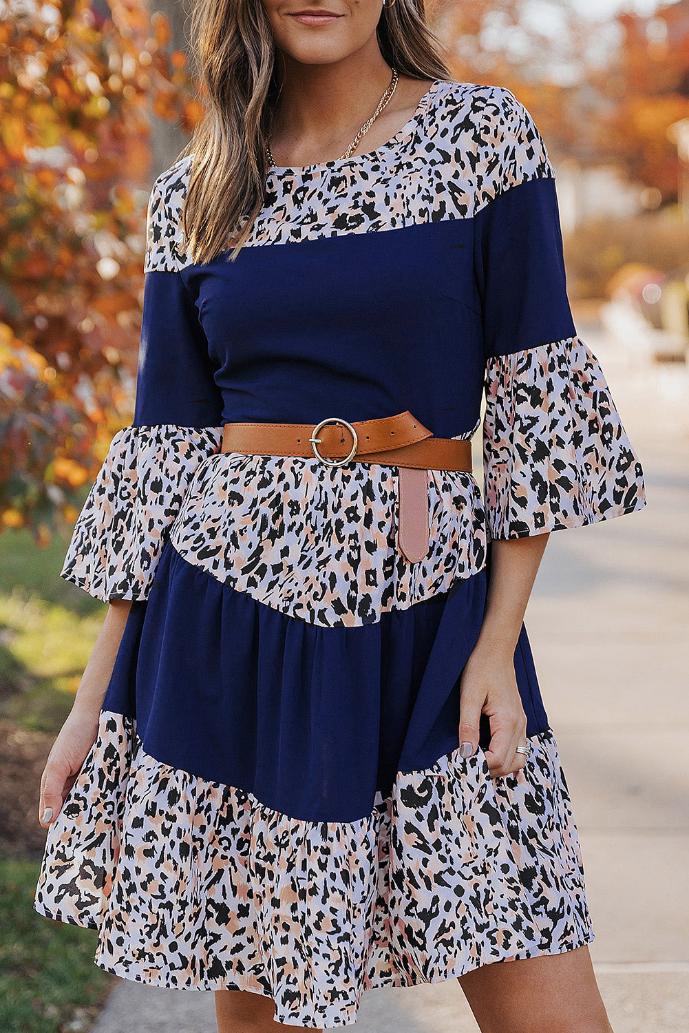 The Animal Print Color Block Flare Sleeve Dress