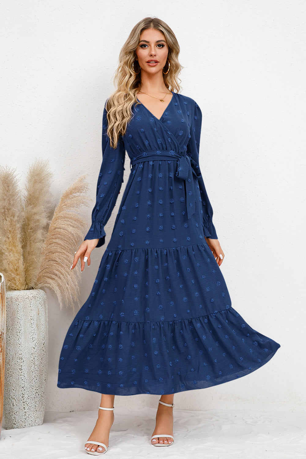 The Swiss Dot Tied Surplice Flounce Sleeve Dress