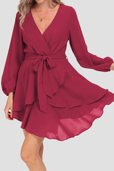 The Tied Surplice Balloon Sleeve Layered Dress