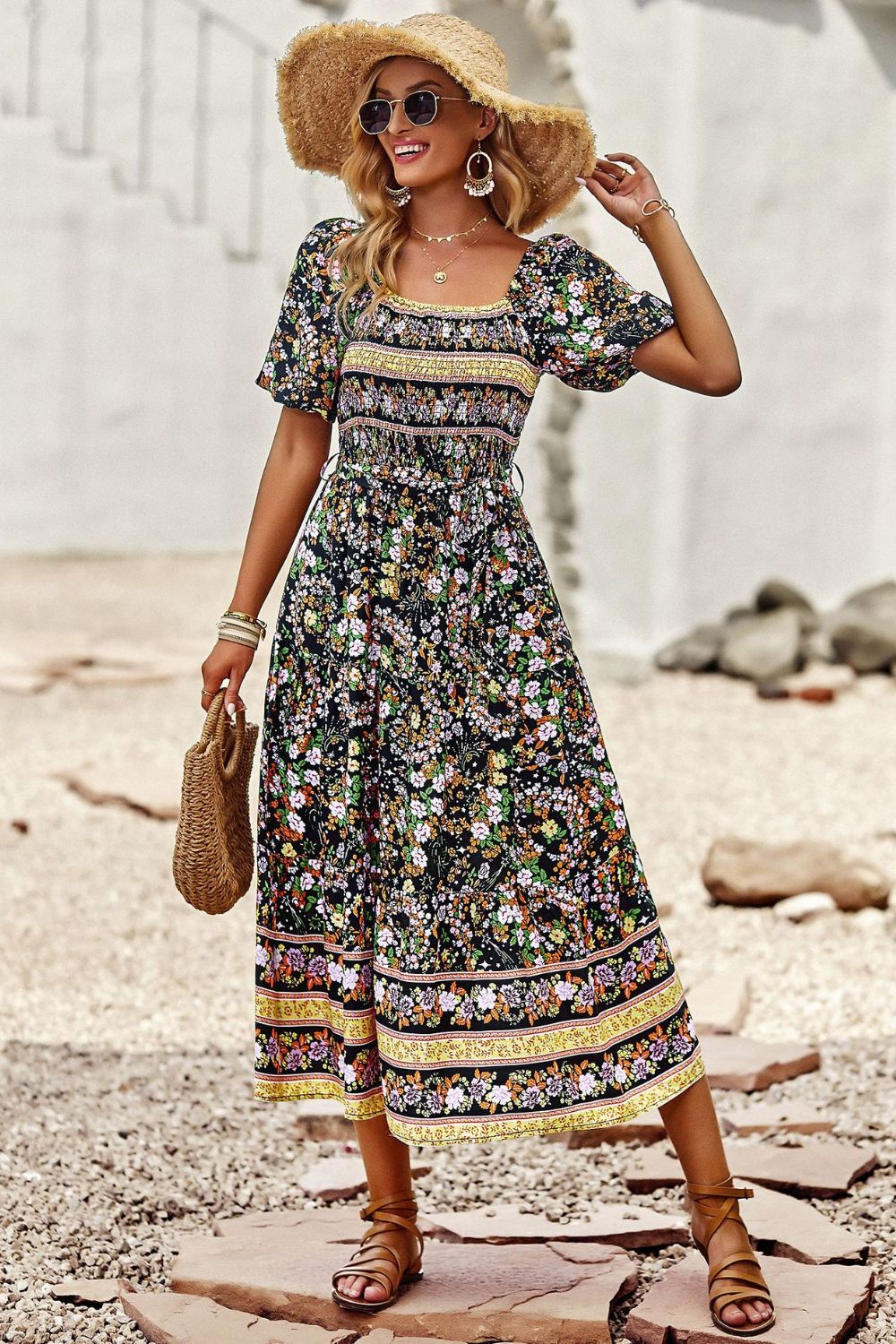 The Bohemian Square Neck Short Sleeve Midi Dress