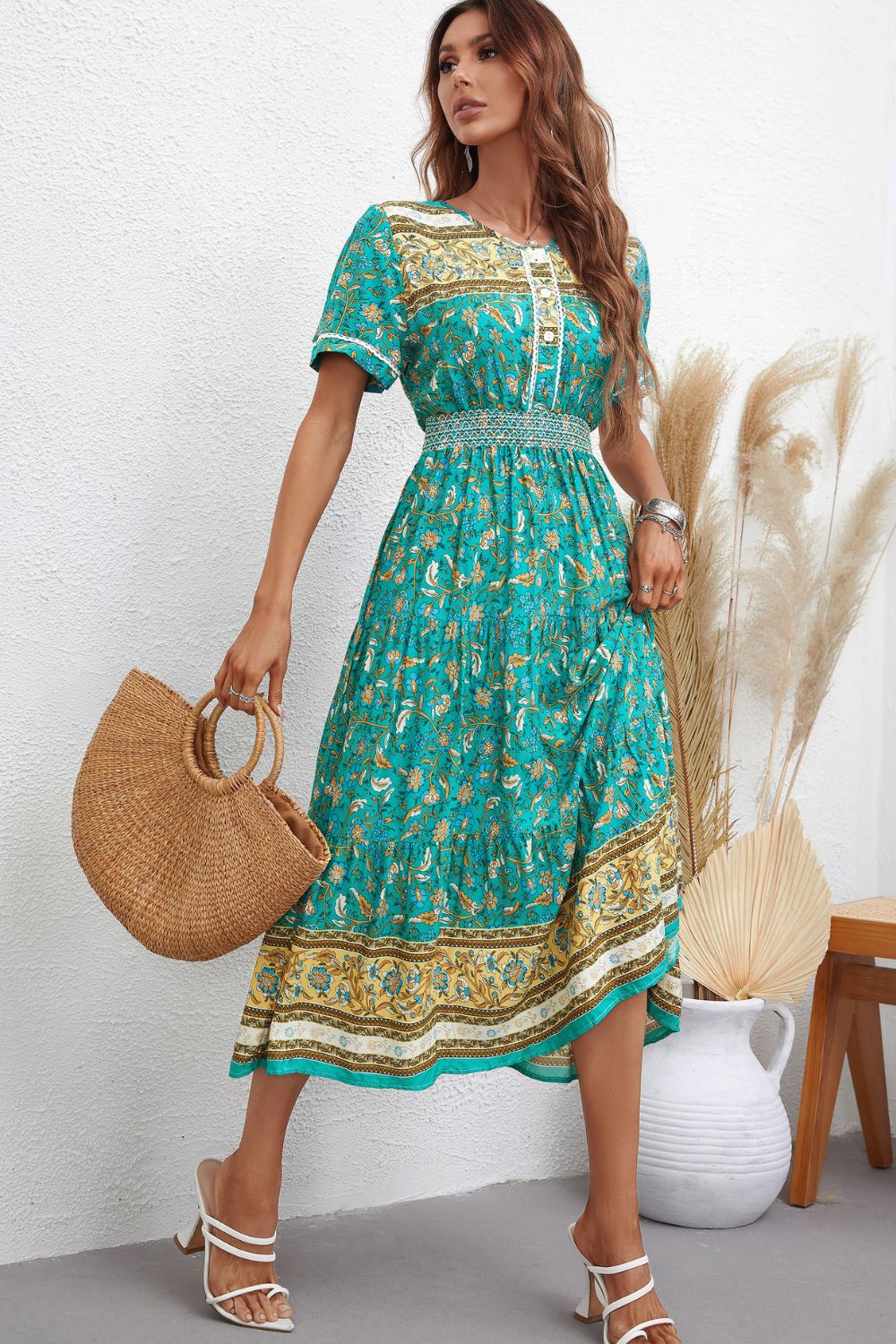 The Teal Bohemian Short Sleeve Midi Dress