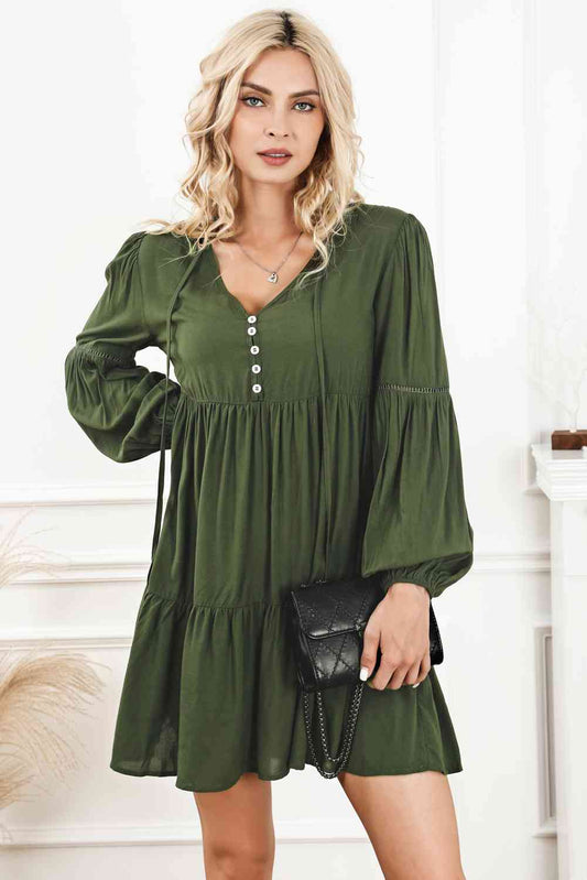 Tie Neck Long Sleeve Tiered Dress