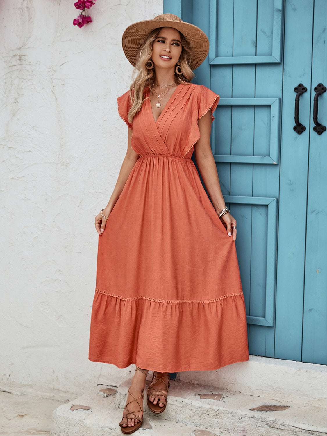 The Terracotta Ruffled Surplice Cap Sleeve Dress