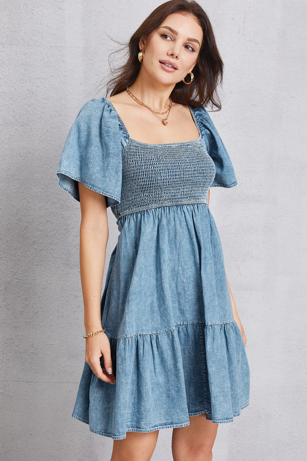 The Smocked Square Neck Mini Denim Dress