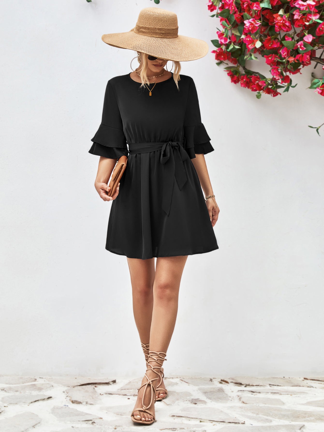 The Thriver Tie Belt Flounce Sleeve Dress