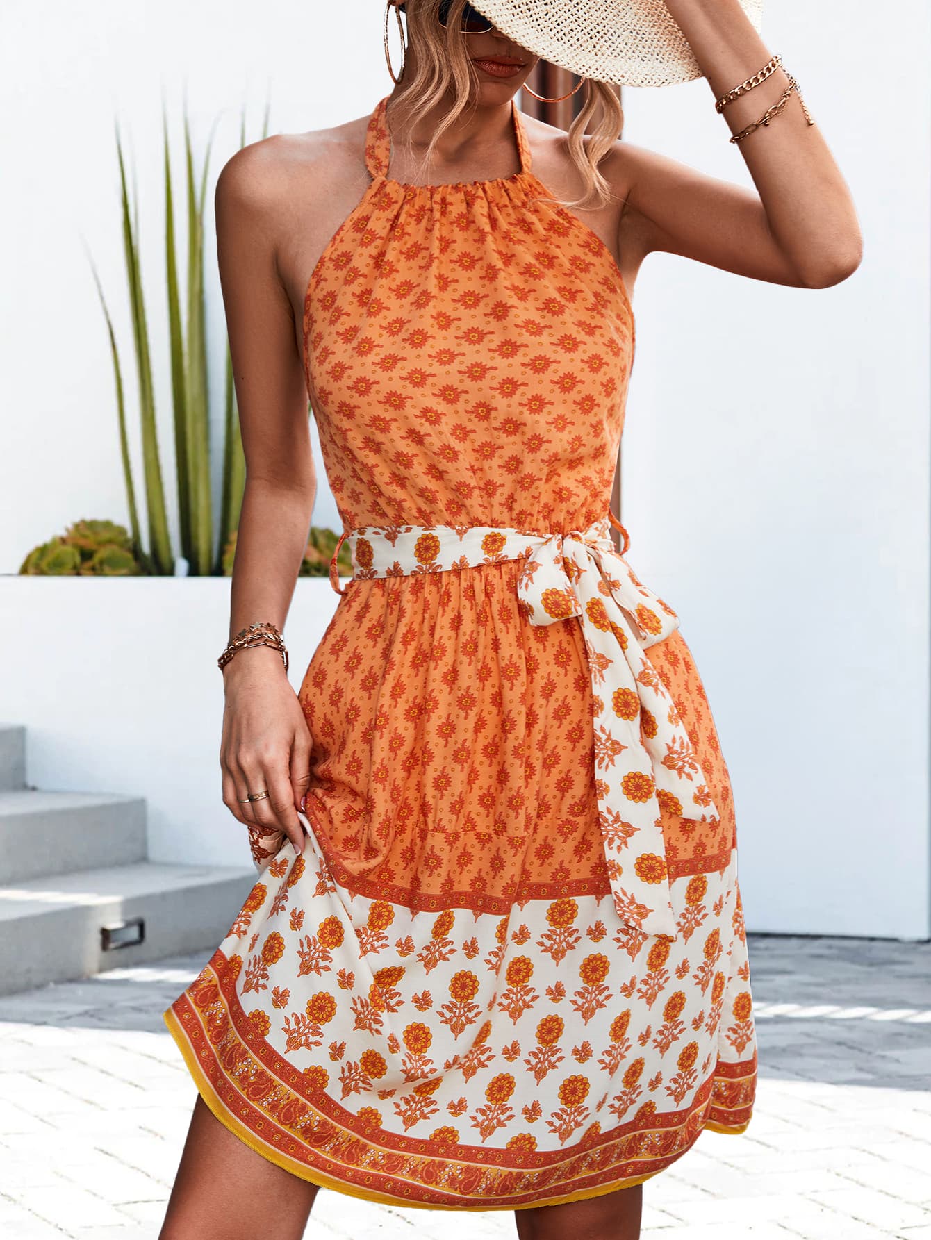 The Orange Floral Halter Dress