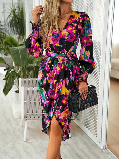 The Printed Tie Front Lantern Sleeve Dress