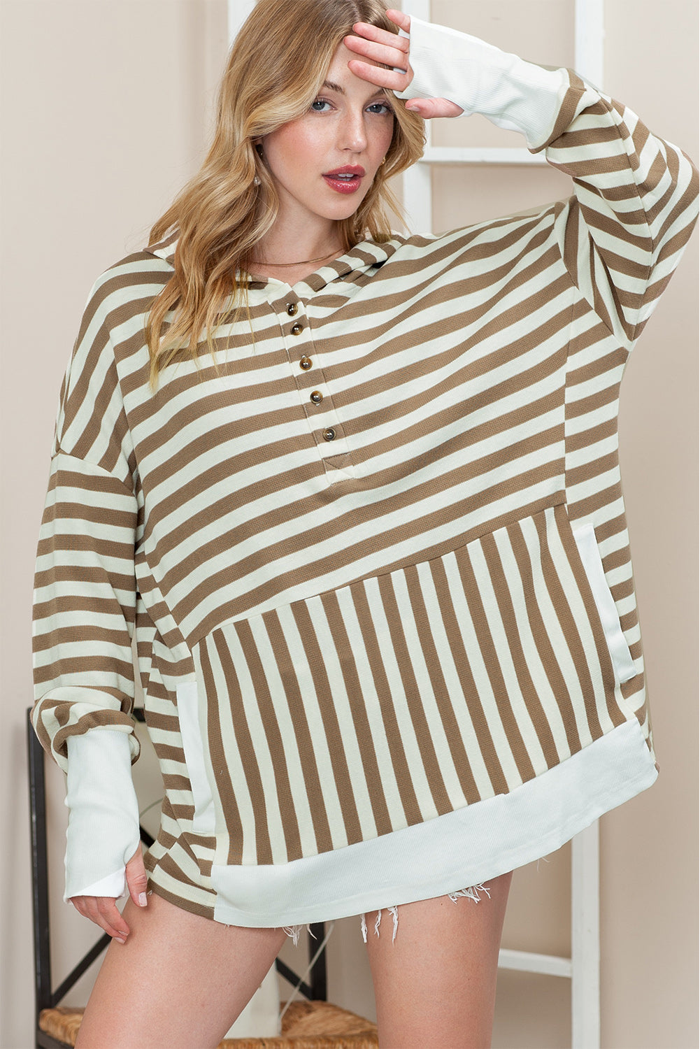 The Striped Dropped Shoulder Buttoned Hoodie