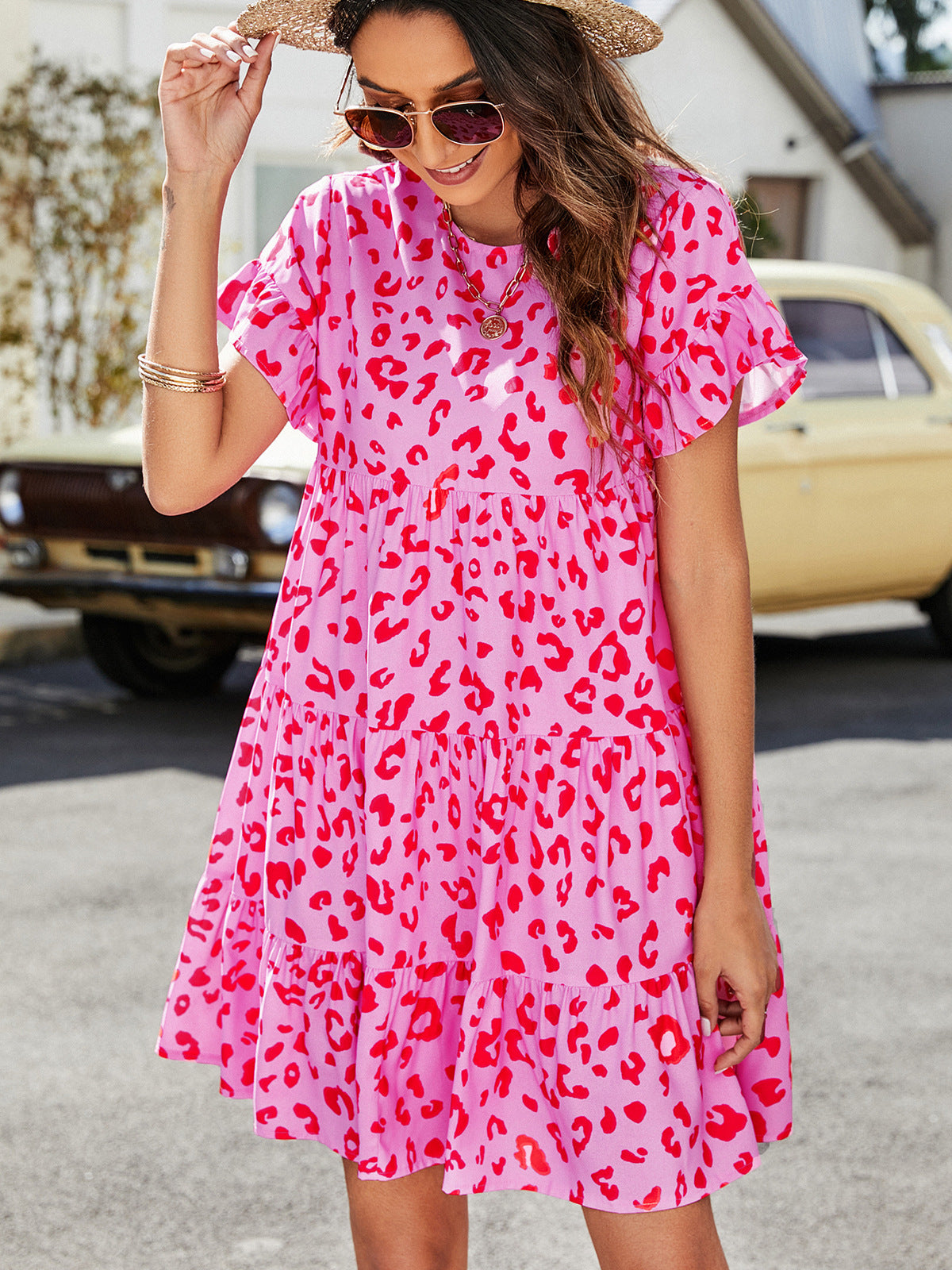 The Bubble Gum Pink Leopard Tiered Dress