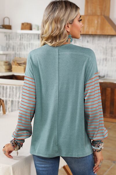 The Striped Round Neck Lantern Sleeve Sweatshirt