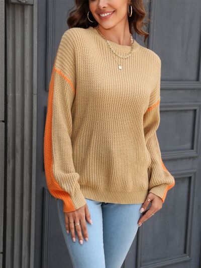 The Contrast Round Neck Dropped Shoulder Sweater