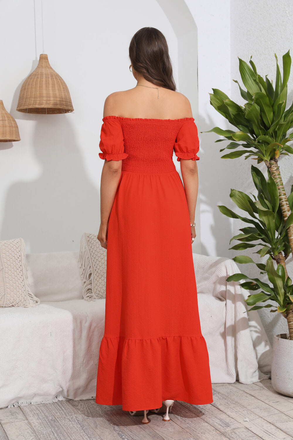 The Red-Orange Off-Shoulder Maxi Dress