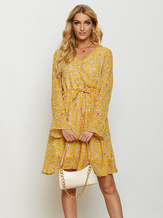 The Mustard Floral Drawstring Waist Dress