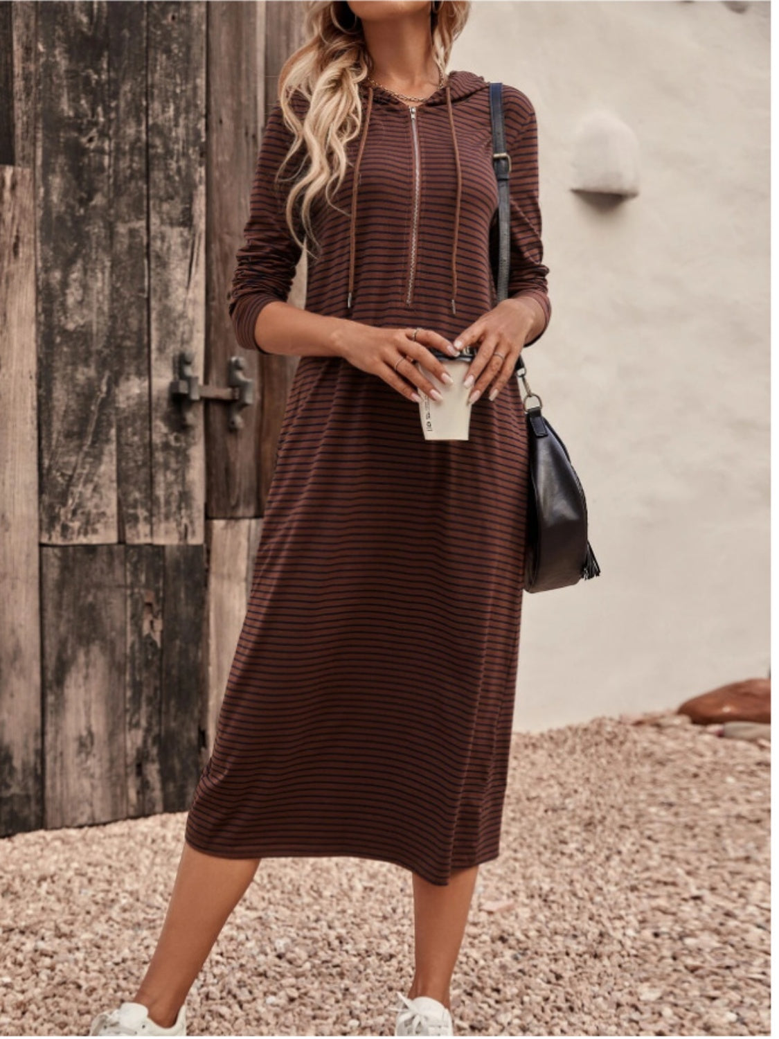 The Casual Striped Zip Front Hooded Dress