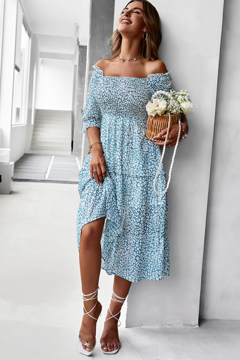 The Deep Teal Floral Off-Shoulder Midi Dress