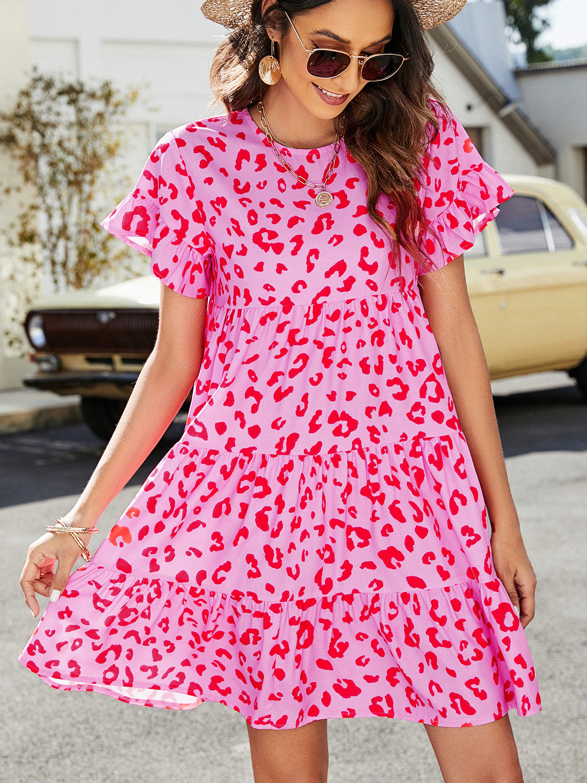 The Bubble Gum Pink Leopard Tiered Dress