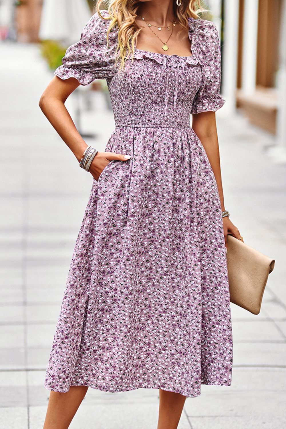 The Purple Floral Ruffled Square Neck Dress with Pockets