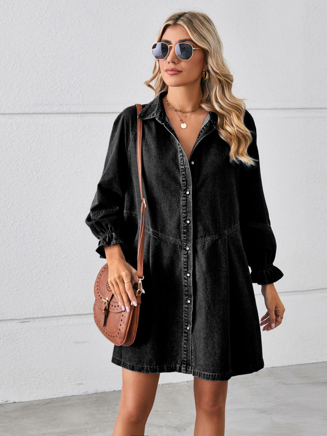 The Button Me Up Flounce Sleeve Mini Denim Dress