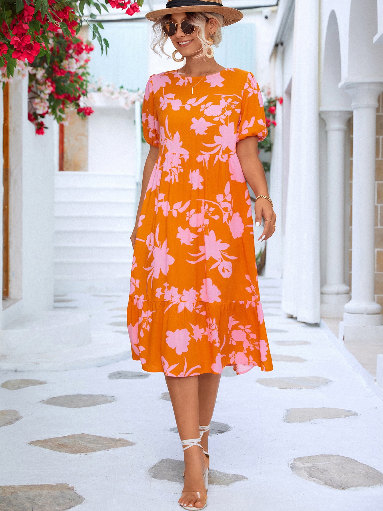 The Bright Orange & Pink Ruffle Hem Midi Dress