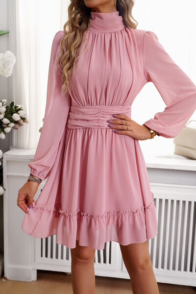 The Ruched Mock Neck Balloon Sleeve Dress