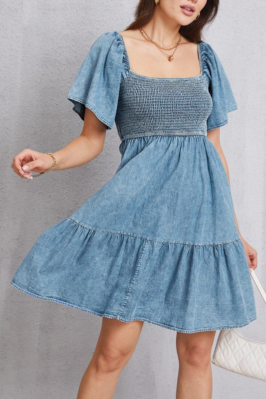 The Smocked Square Neck Mini Denim Dress