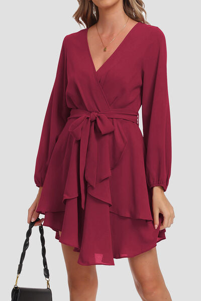 The Tied Surplice Balloon Sleeve Layered Dress