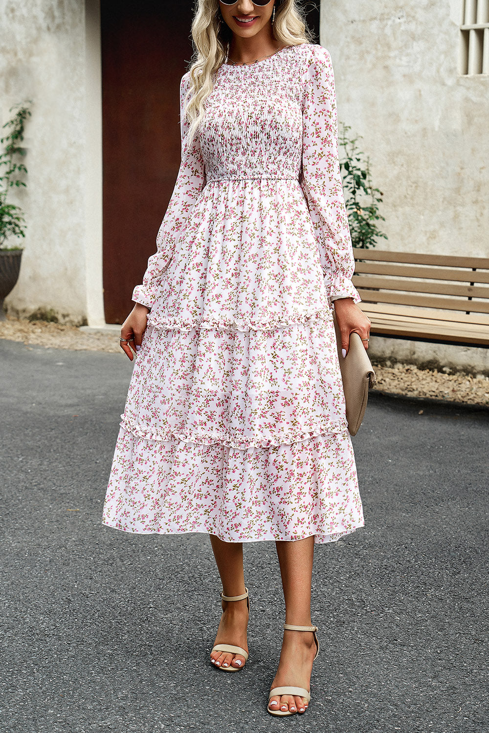 The Sweet Smocked Flounce Sleeve Midi Dress