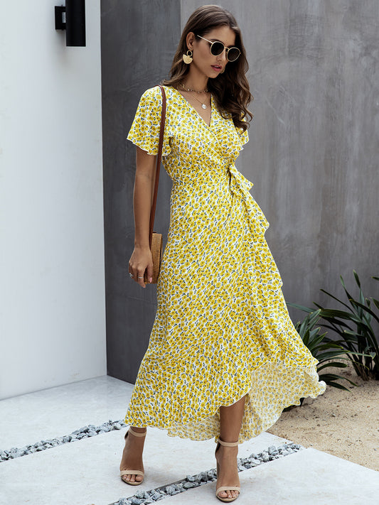 The Yellow Floral Tied Flutter Sleeve Dress