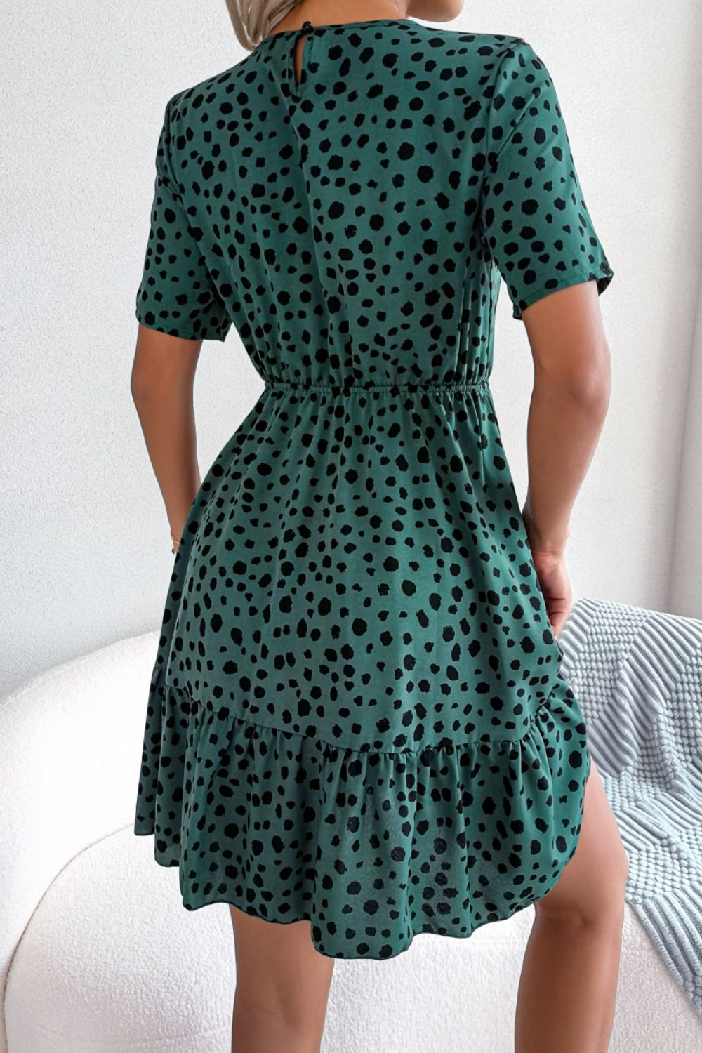 The Teal Printed Short Sleeve Ruffled Dress