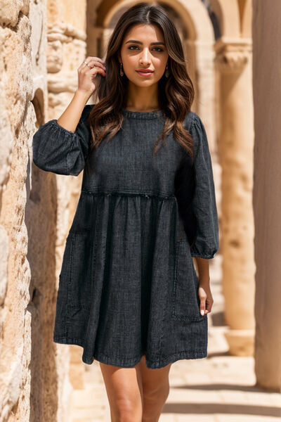 The Balloon Sleeve Mini Denim Dress