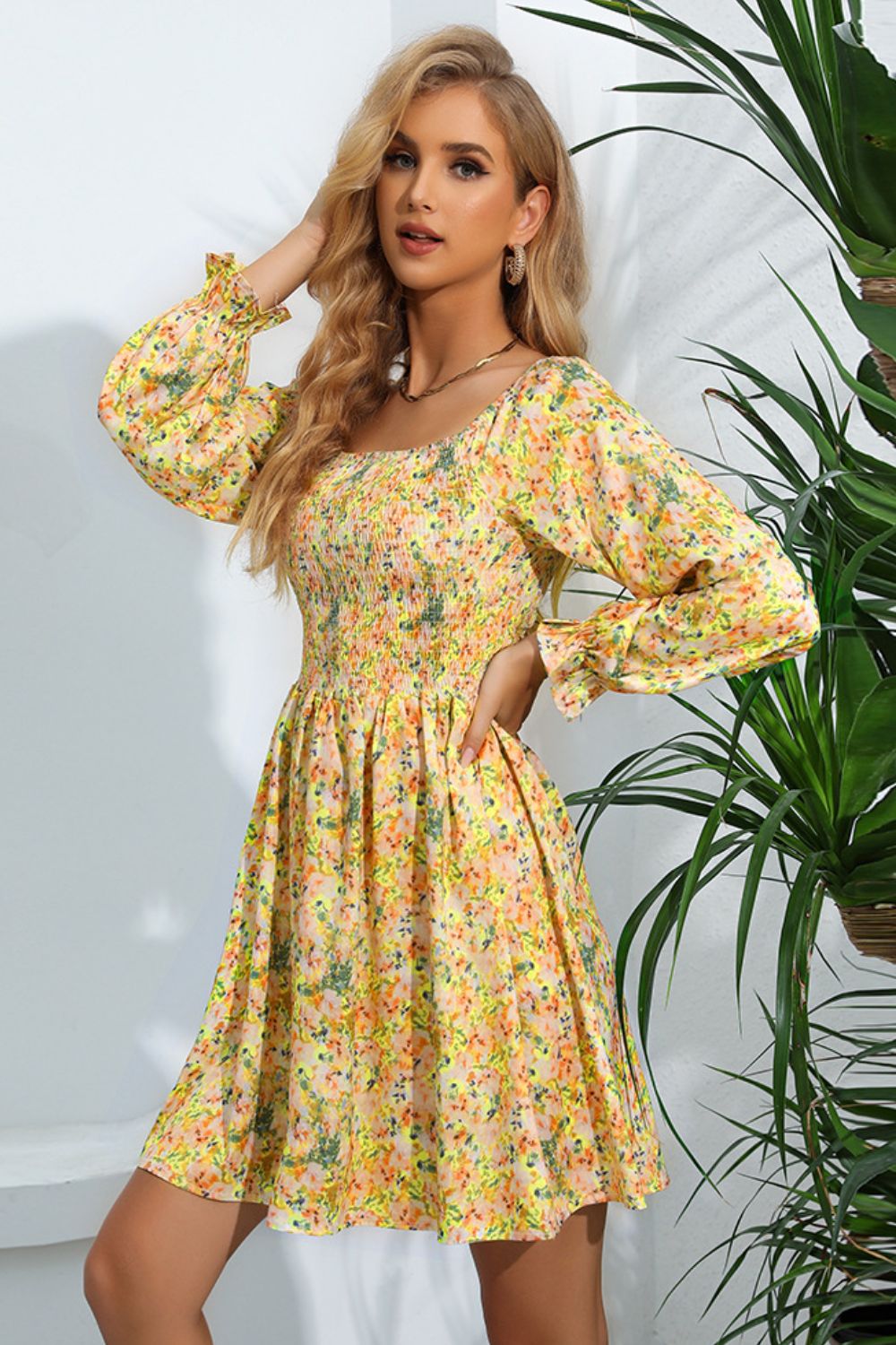 The Fresh Floral Smocked Square Neck Dress