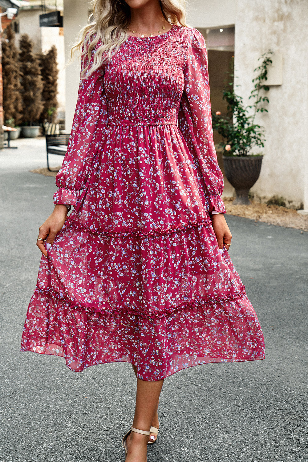 The Sweet Smocked Flounce Sleeve Midi Dress