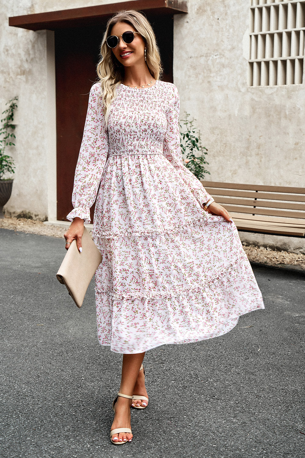 The Sweet Smocked Flounce Sleeve Midi Dress