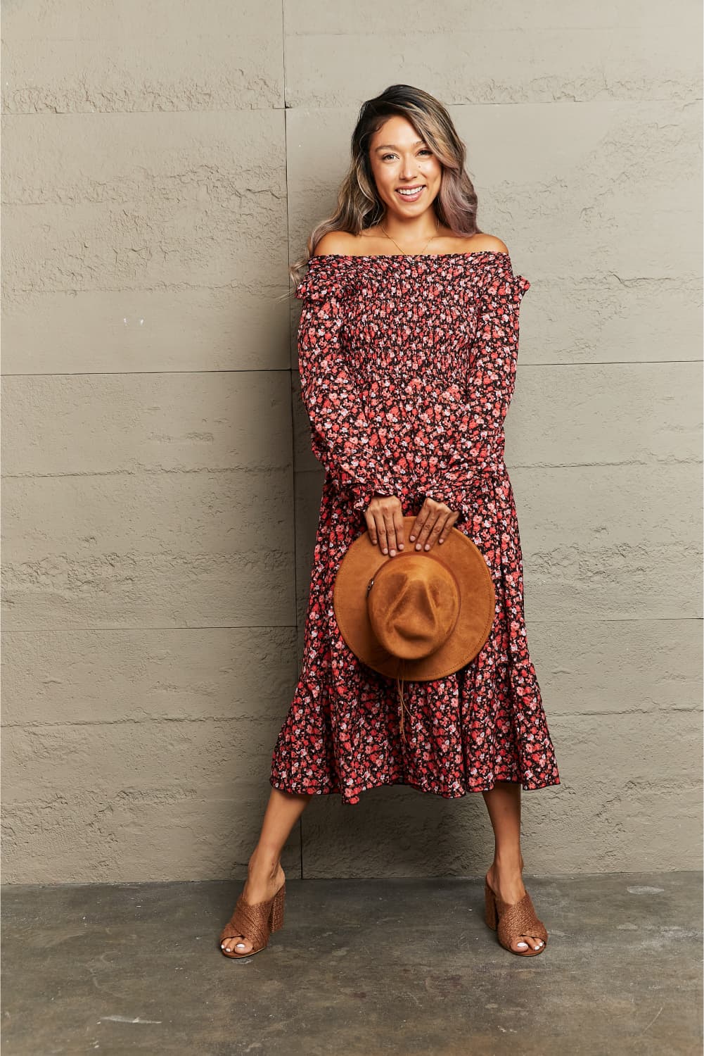 The Fall FLoral Off-Shoulder Midi Dress