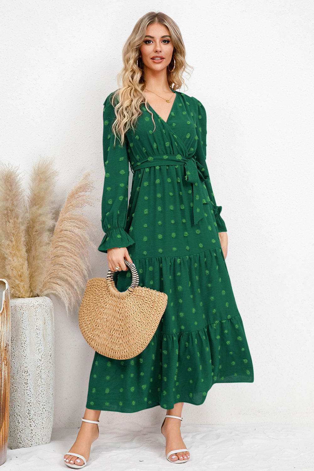 The Swiss Dot Tied Surplice Flounce Sleeve Dress