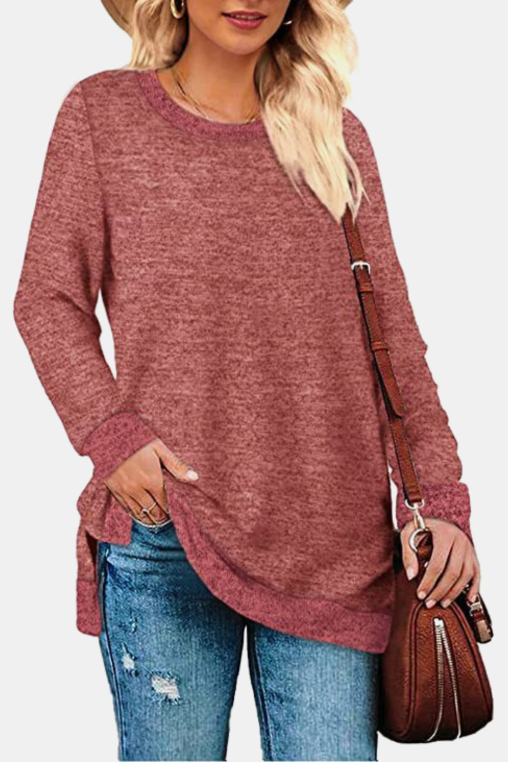 The Round Neck Long Sleeve Slit Sweatshirt