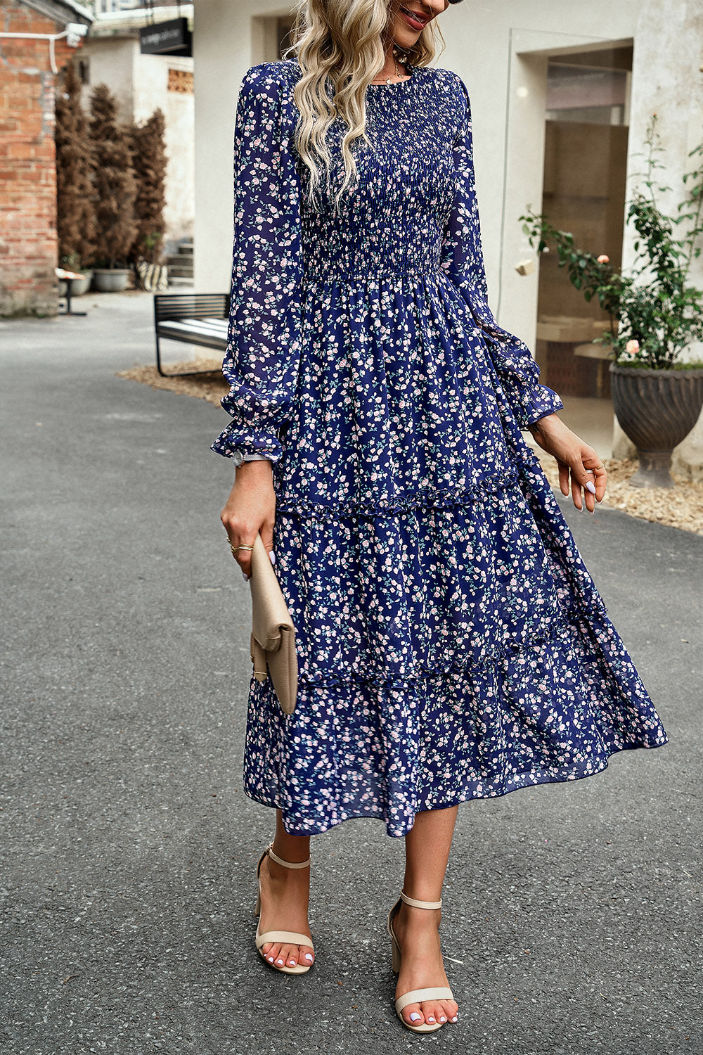 The Sweet Smocked Flounce Sleeve Midi Dress