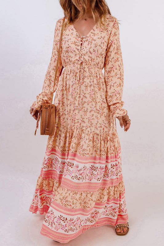 The Bohemian Lace-Up Long Sleeve Maxi Dress