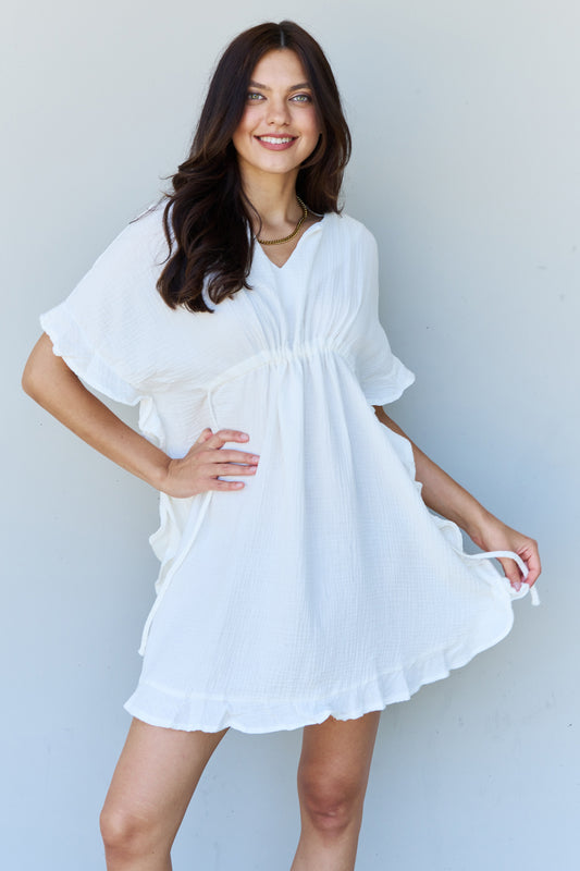 The White Ruffle Hem Dress with Drawstring Waistband