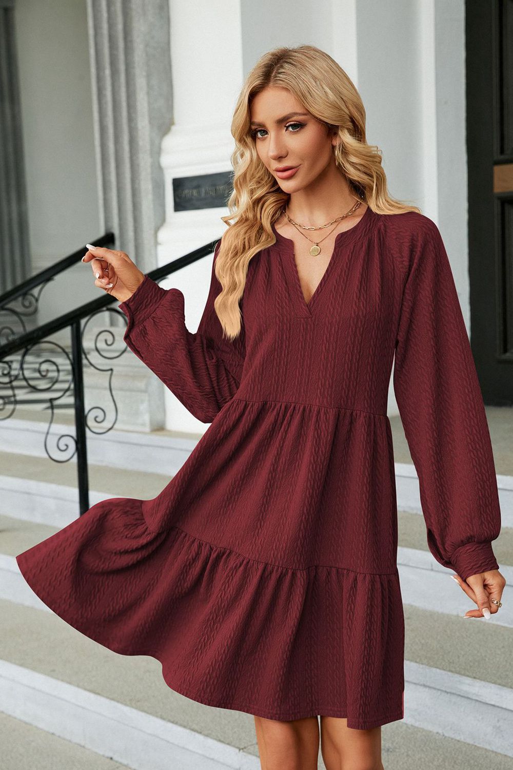 The Notched Neck Long Sleeve Mini Dress