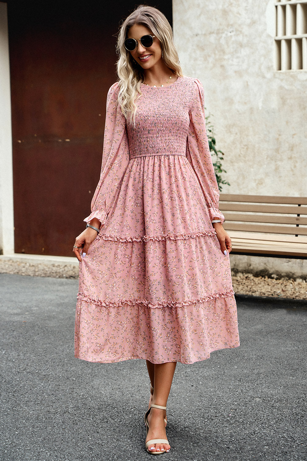 The Sweet Smocked Flounce Sleeve Midi Dress