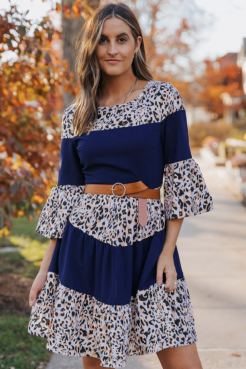 The Animal Print Color Block Flare Sleeve Dress