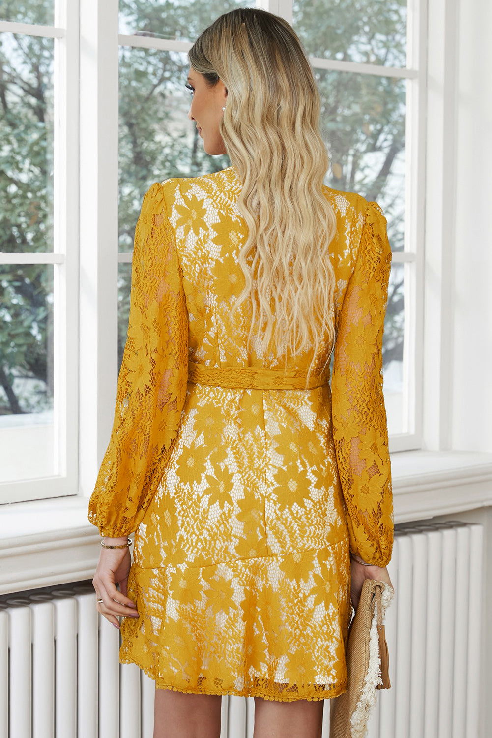 The Beautiful Banana Yellow Belted Lace Dress