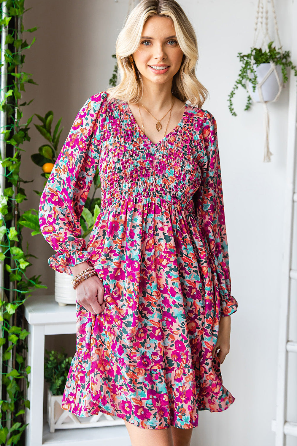 The Three-Quarter Floral Flounce Sleeve Dress