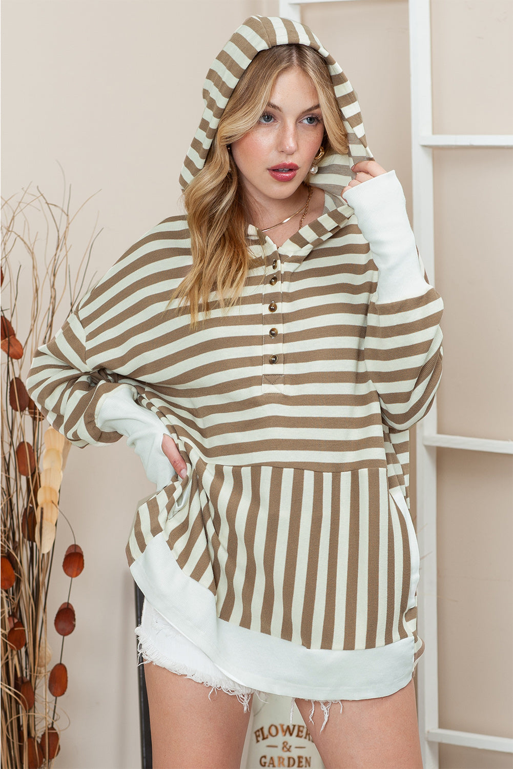 The Striped Dropped Shoulder Buttoned Hoodie