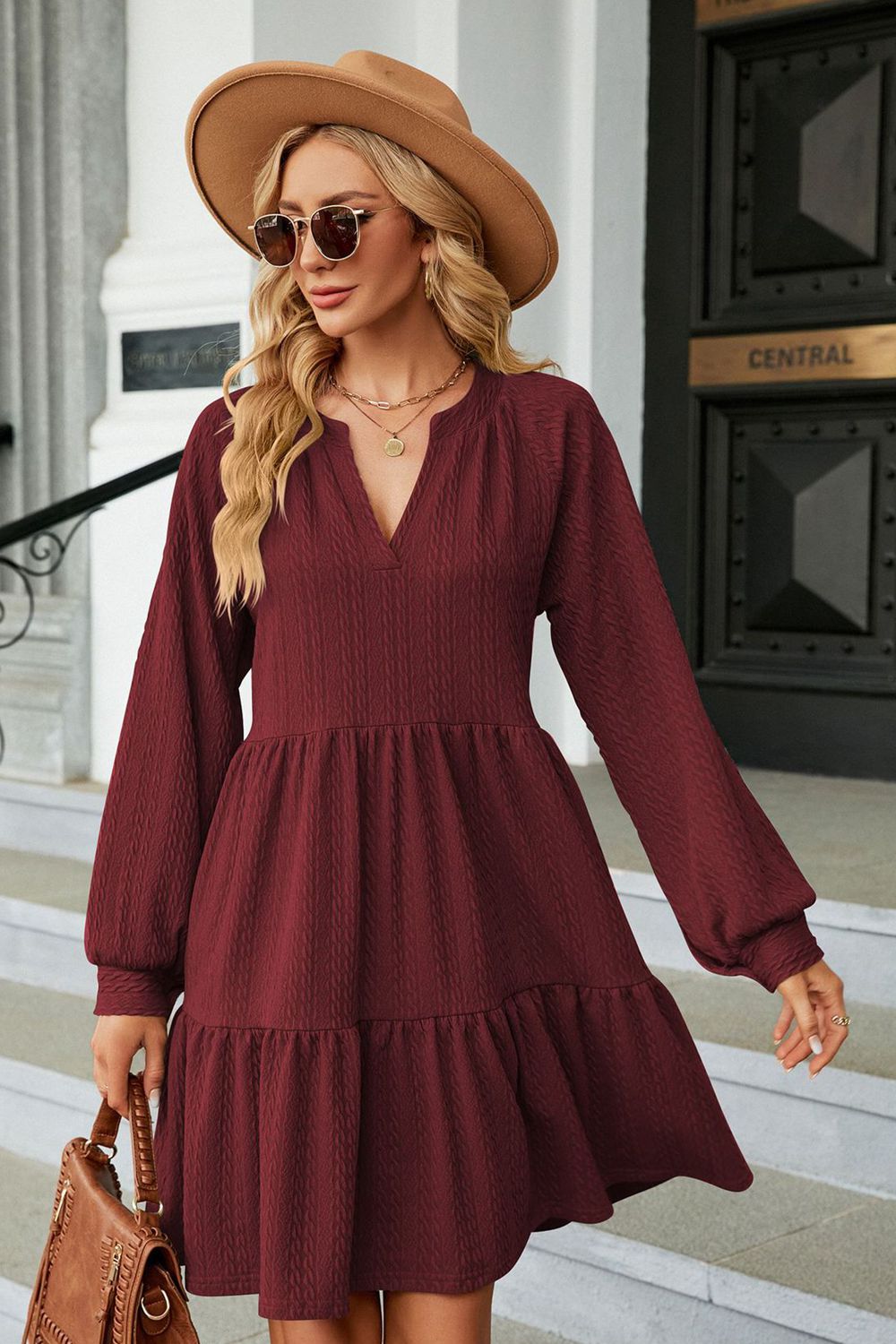 The Notched Neck Long Sleeve Mini Dress