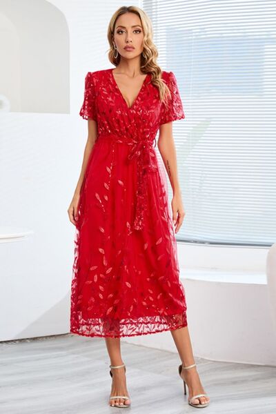 The Sequin Leaf Embroidery Tie Front Dress