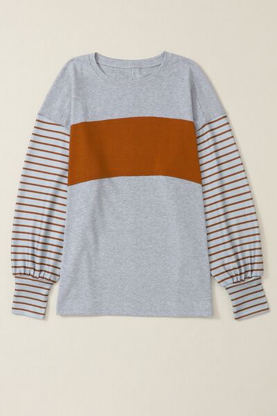 The Striped Round Neck Lantern Sleeve Sweatshirt