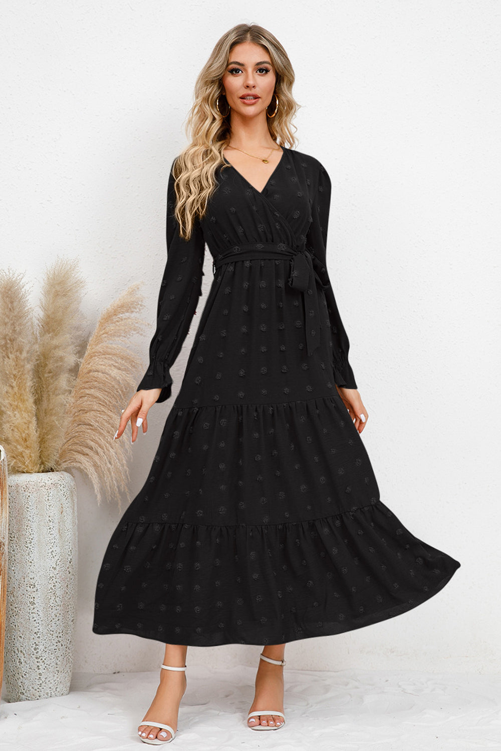 The Swiss Dot Tied Surplice Flounce Sleeve Dress