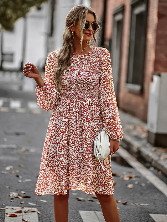 The Printed Round Neck Long Sleeve Smocked Dress